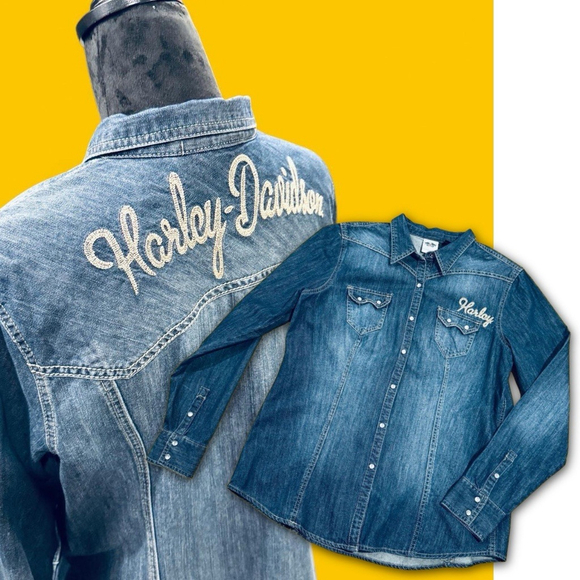 Harley-Davidson Denim Button Down Shirt Women XL Western Snap Logo Embroidered - Picture 2 of 10